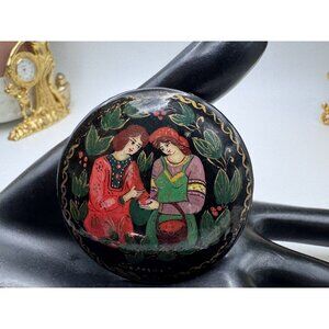 Vintage Russian Lacquer Round Multicolor Brooch- Beautiful Brooch Romantic